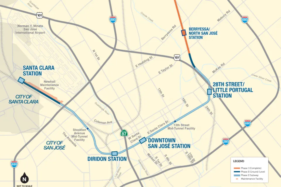 A map of San Jose showing the route of the planned BART Silicon Valley Phase II Extension.